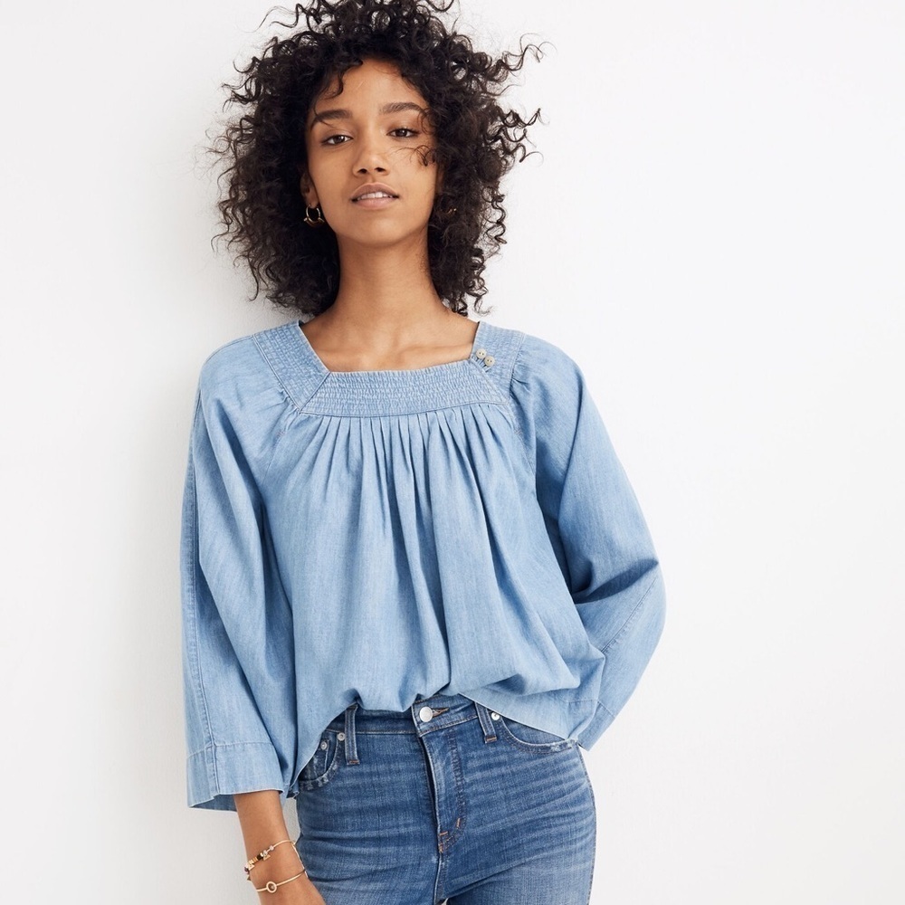 Madewell Denim chambray Square Neck peasant Top size XS in Linnville Wash
